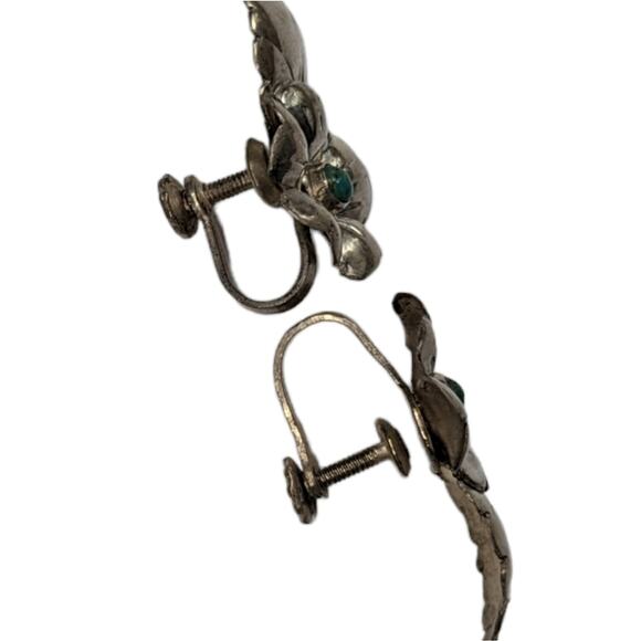 Silver and turquoise screw back flower earrings VINTAGE - Picture 7 of 8